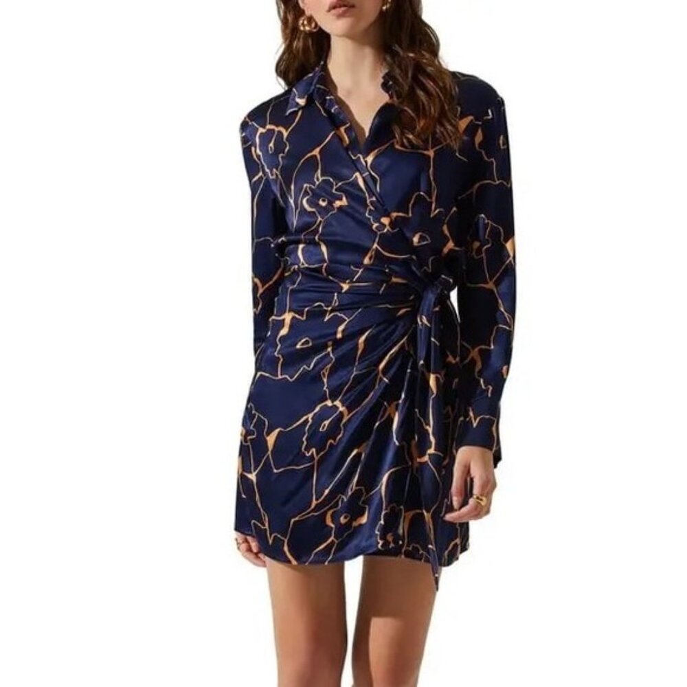 Aster the Label Long Sleeve Wrap Blue Mini Veronica Dress XS